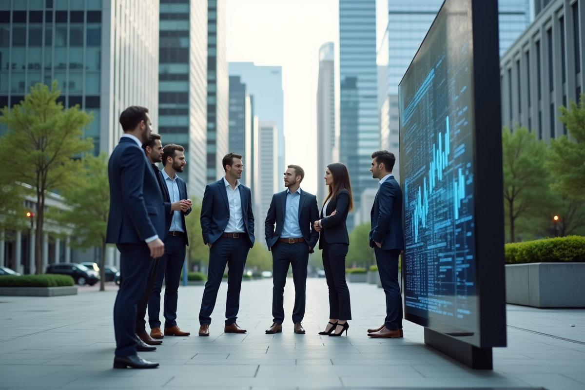 Groupe de professionnels discutant devant un écran interactif en extérieur