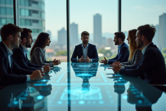 Groupe de professionnels autour d'une table avec hologramme