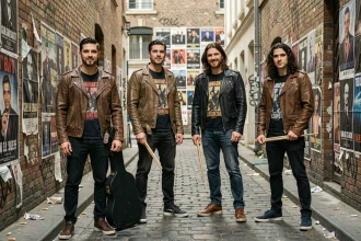 Groupe de rock français posant dans une ruelle parisienne avec affiches de concerts vintage et instruments, esthétique urbaine authentique