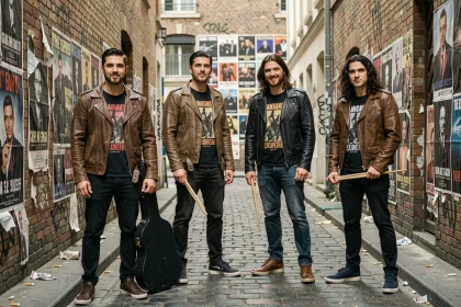 Groupe de rock français posant dans une ruelle parisienne avec affiches de concerts vintage et instruments, esthétique urbaine authentique