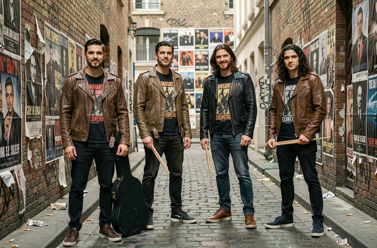 Groupe de rock français posant dans une ruelle parisienne avec affiches de concerts vintage et instruments, esthétique urbaine authentique