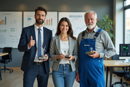 Trois adultes dans un espace moderne avec graphiques et éolienne