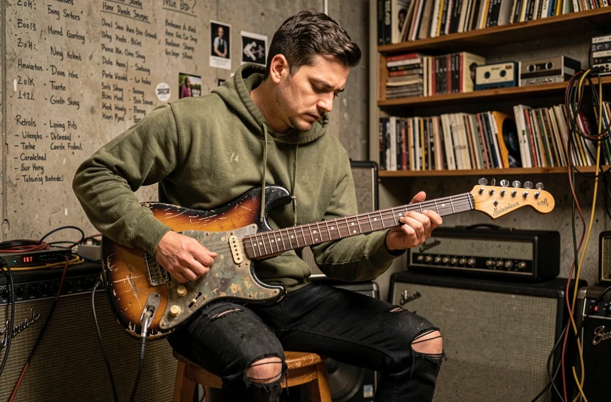 Guitariste de rock français concentré dans un studio de répétition avec amplis vintage et disques vinyle, ambiance underground authentique