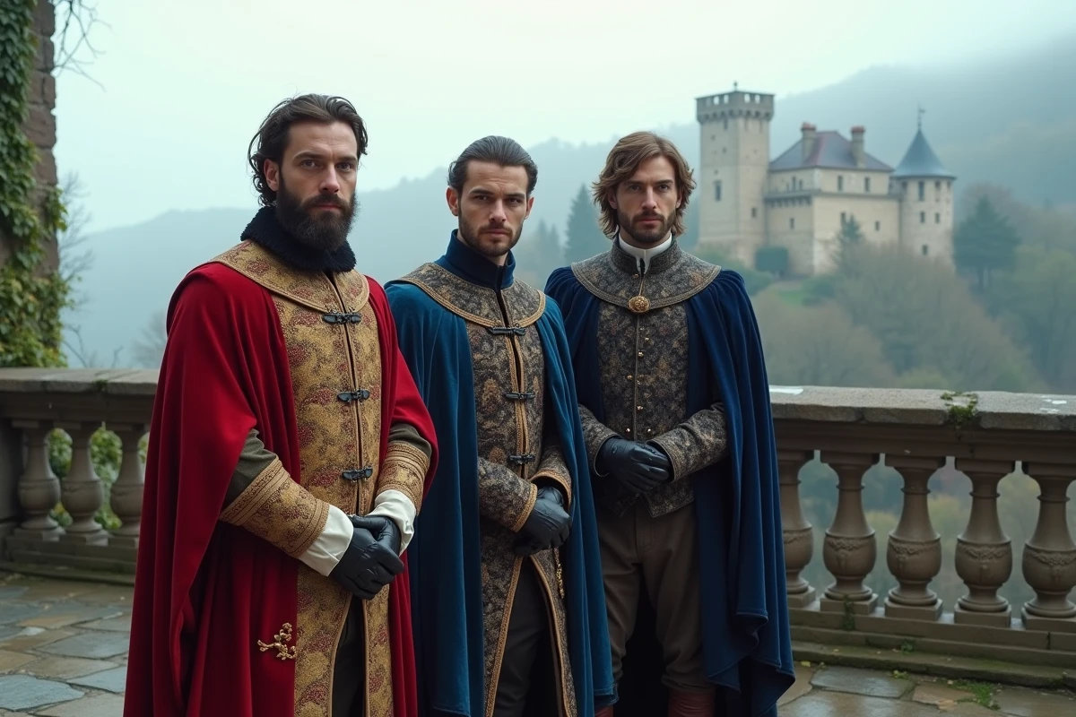 Reconstitution historique des trois rivaux Henri VIII, François Ier et Charles Quint réunis sur une terrasse de château européen