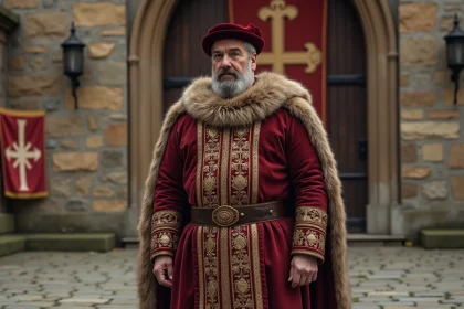 Portrait reconstitution historique d'Henri VIII Tudor en costume royal Tudor devant un château médiéval anglais
