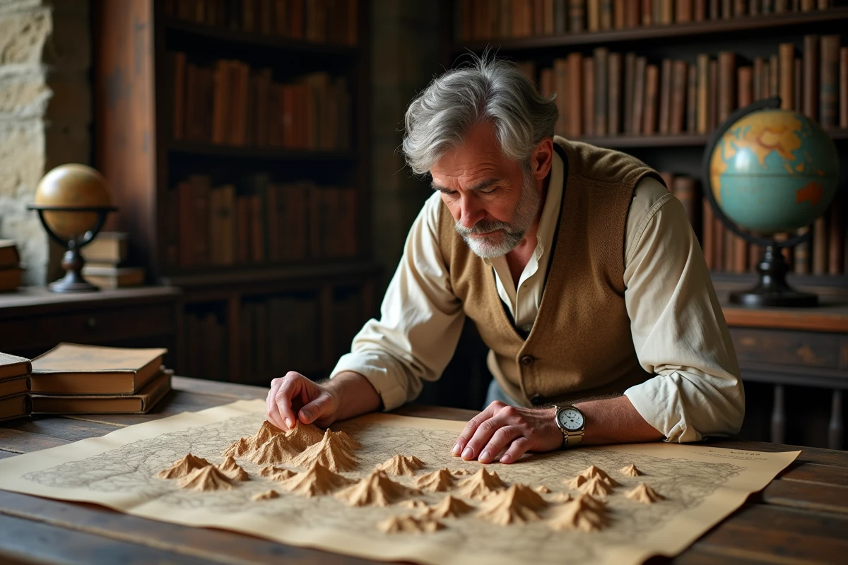 Historien étudiant une carte ancienne des Alpes françaises