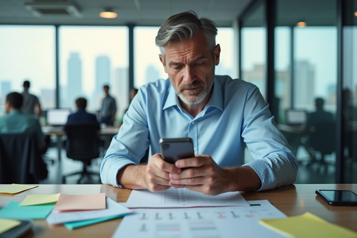Homme d'affaires consultant une application de calcul de dates sur smartphone dans un bureau moderne avec agenda et notes