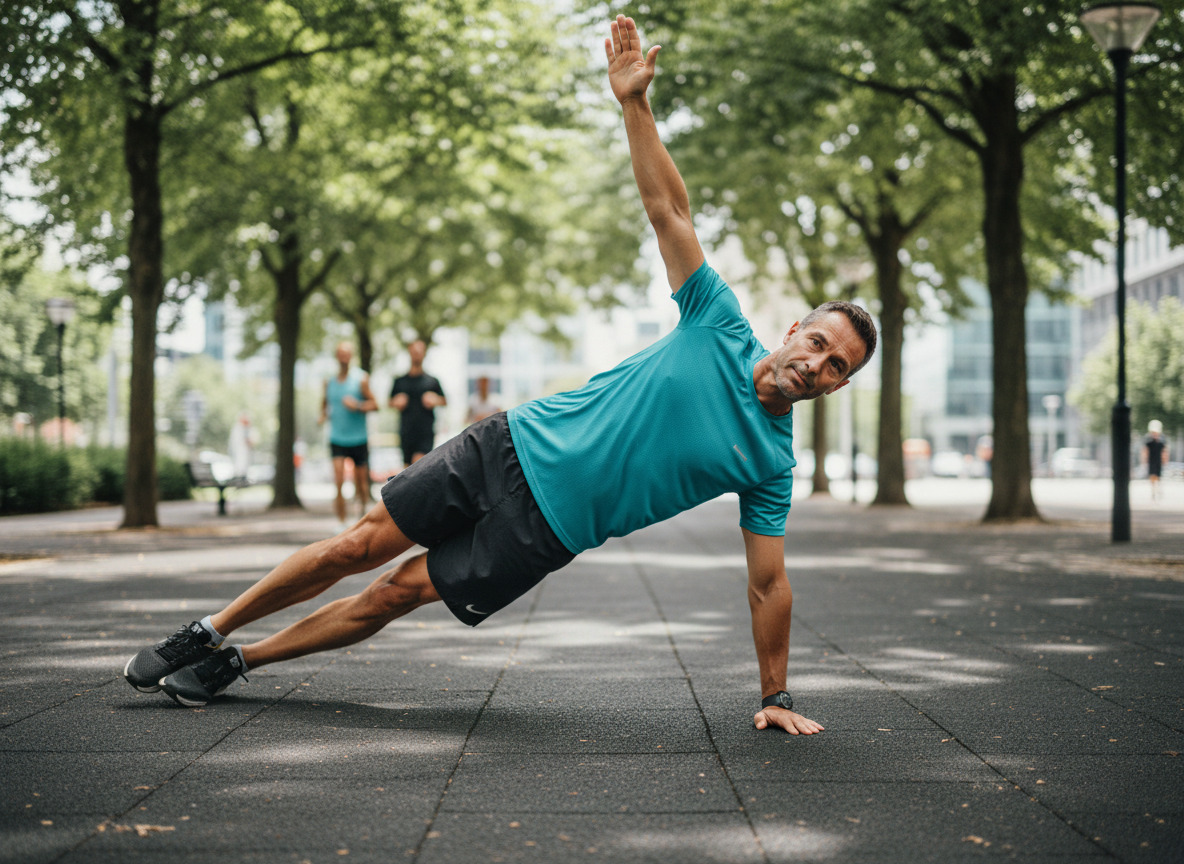 Homme athlétique en side plank dans un parc urbain