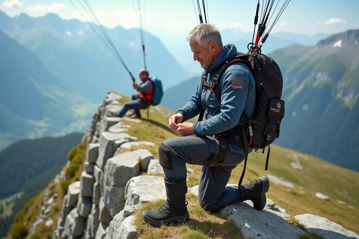 Homme ajustant ses sangles lors d’un atterrissage en montagne