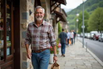 Homme basque souriant sortant d'une vente Dantxaria avec sac