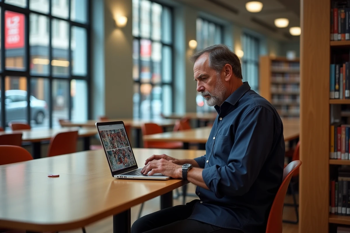Homme lisant des scans de comics à la bibliothèque