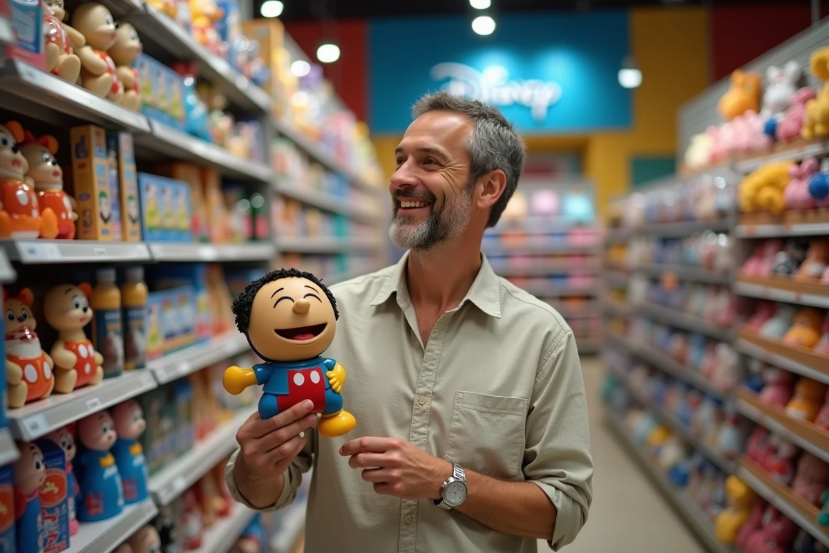 Homme d'âge moyen souriant en tenant un objet humoristique à l'effigie d'un personnage Disney masculin dans une boutique de souvenirs