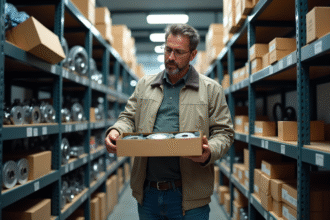 Homme d'âge moyen examinant un disque de frein en magasin auto