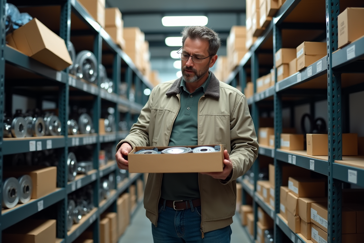 Homme d'âge moyen examinant un disque de frein en magasin auto