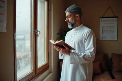 Homme tenant un calendrier de prières islamiques en hiver près d'une fenêtre givrée à Annemasse