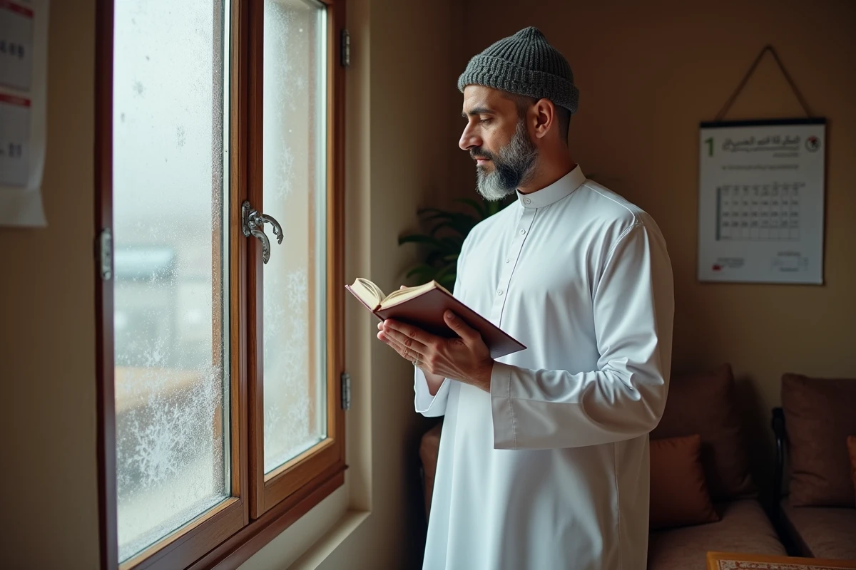 Homme tenant un calendrier de prières islamiques en hiver près d'une fenêtre givrée à Annemasse
