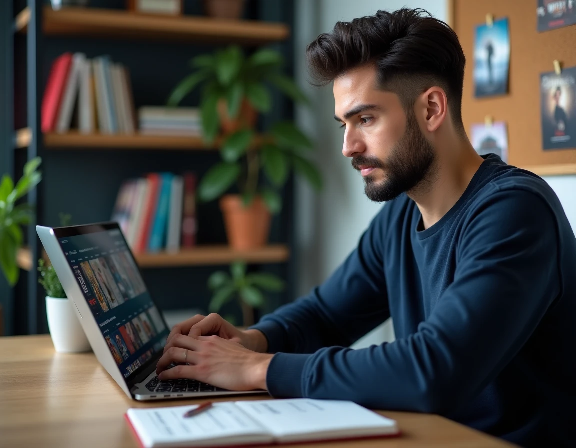 Homme consultant le catalogue Netflix pour découvrir des séries espagnoles à son bureau avec notes manuscrites