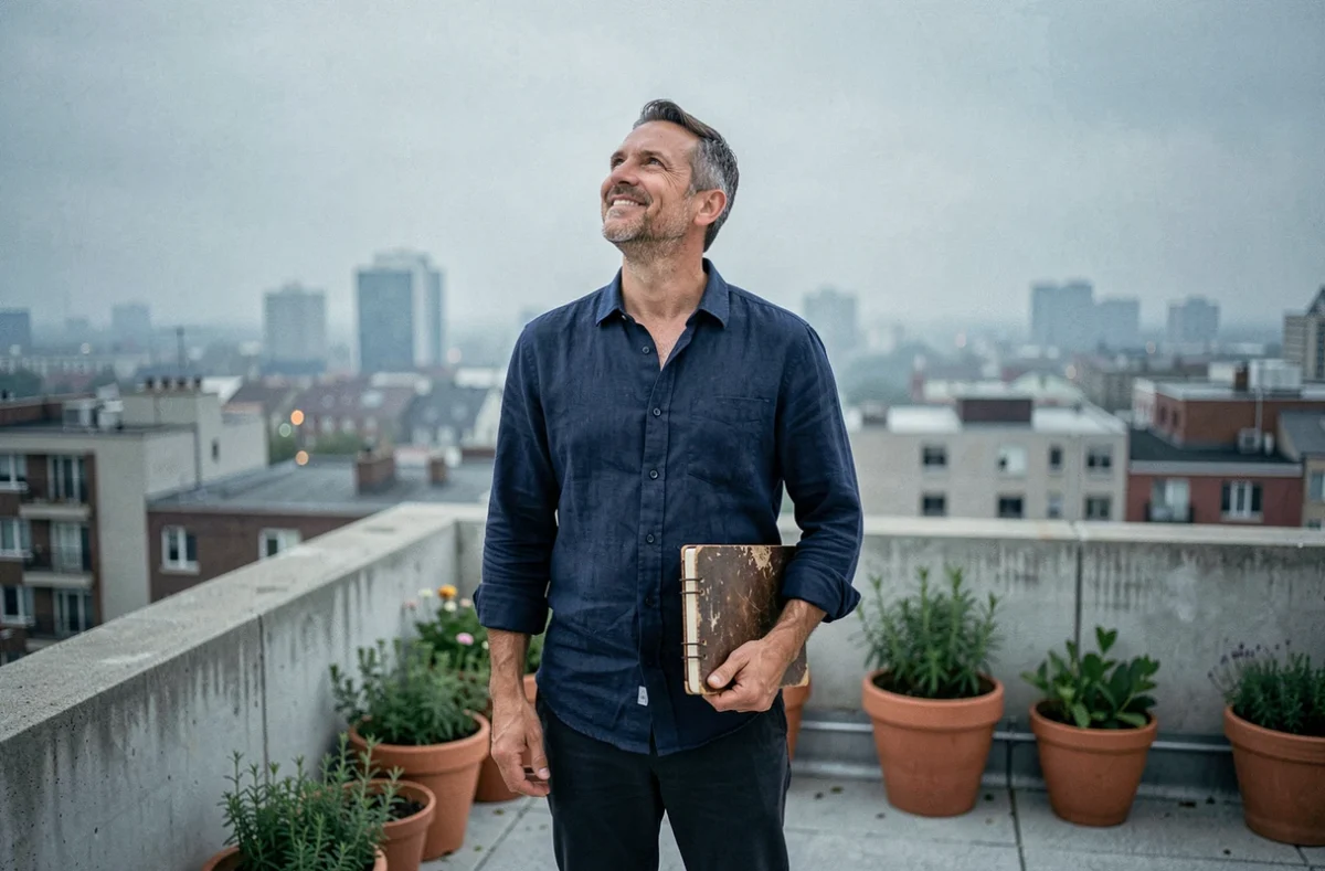 Homme sur un toit urbain tenant un carnet et regardant vers le ciel avec un sourire inspiré par une citation de vie