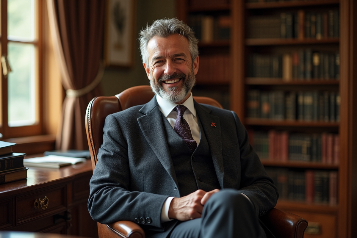 Homme en costume dans une bibliothèque lumineuse