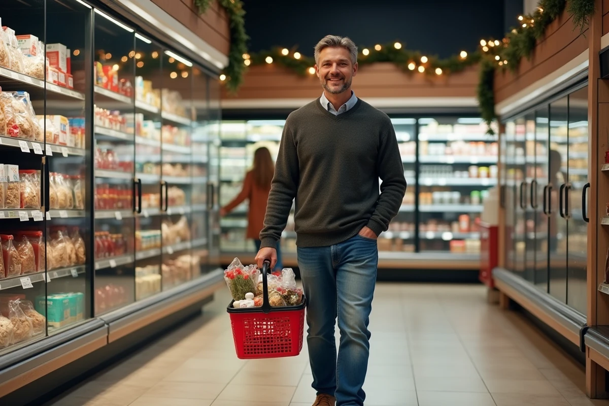 Homme avec panier de courses festives dans un supermarché