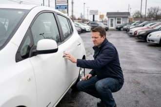 Un homme d'une quarantaine d'années examine attentivement une voiture électrique d'occasion blanche dans un lot de concessionnaire automobile