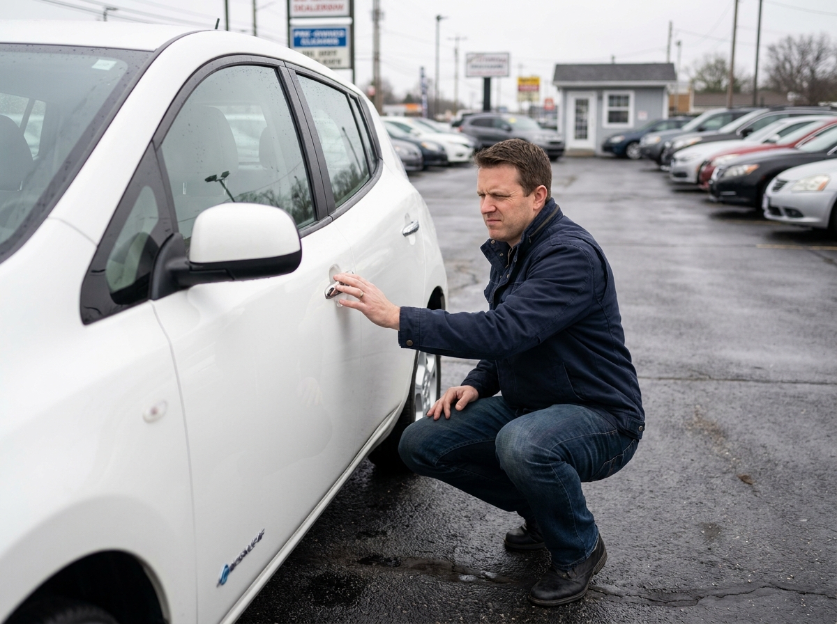Un homme d'une quarantaine d'années examine attentivement une voiture électrique d'occasion blanche dans un lot de concessionnaire automobile