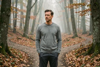 Homme hésitant à un carrefour de chemins en forêt, illustrant le paradoxe de l'âne de Buridan face à deux choix équivalents