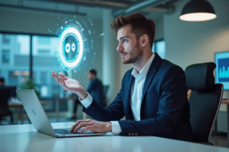 Jeune homme en blazer interagit avec une interface holographique