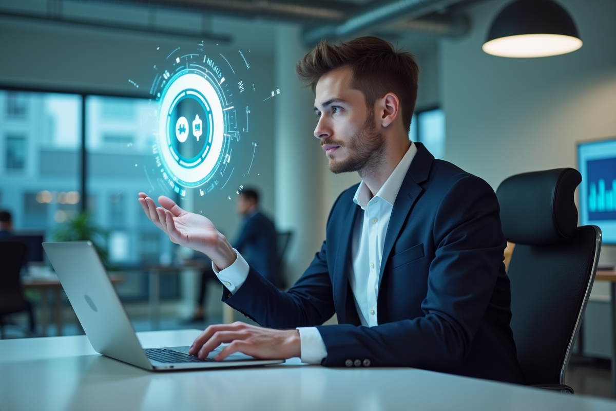 Jeune homme en blazer interagit avec une interface holographique