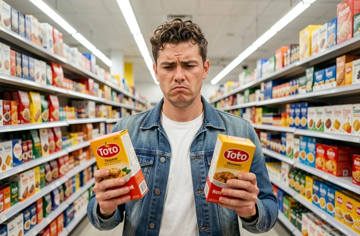 Homme indécis tenant deux produits identiques dans un supermarché, symbolisant l'incapacité à choisir entre deux options équivalentes