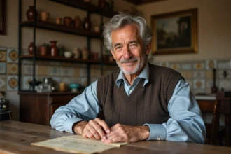 Homme italien âgé souriant assis à une table rustique