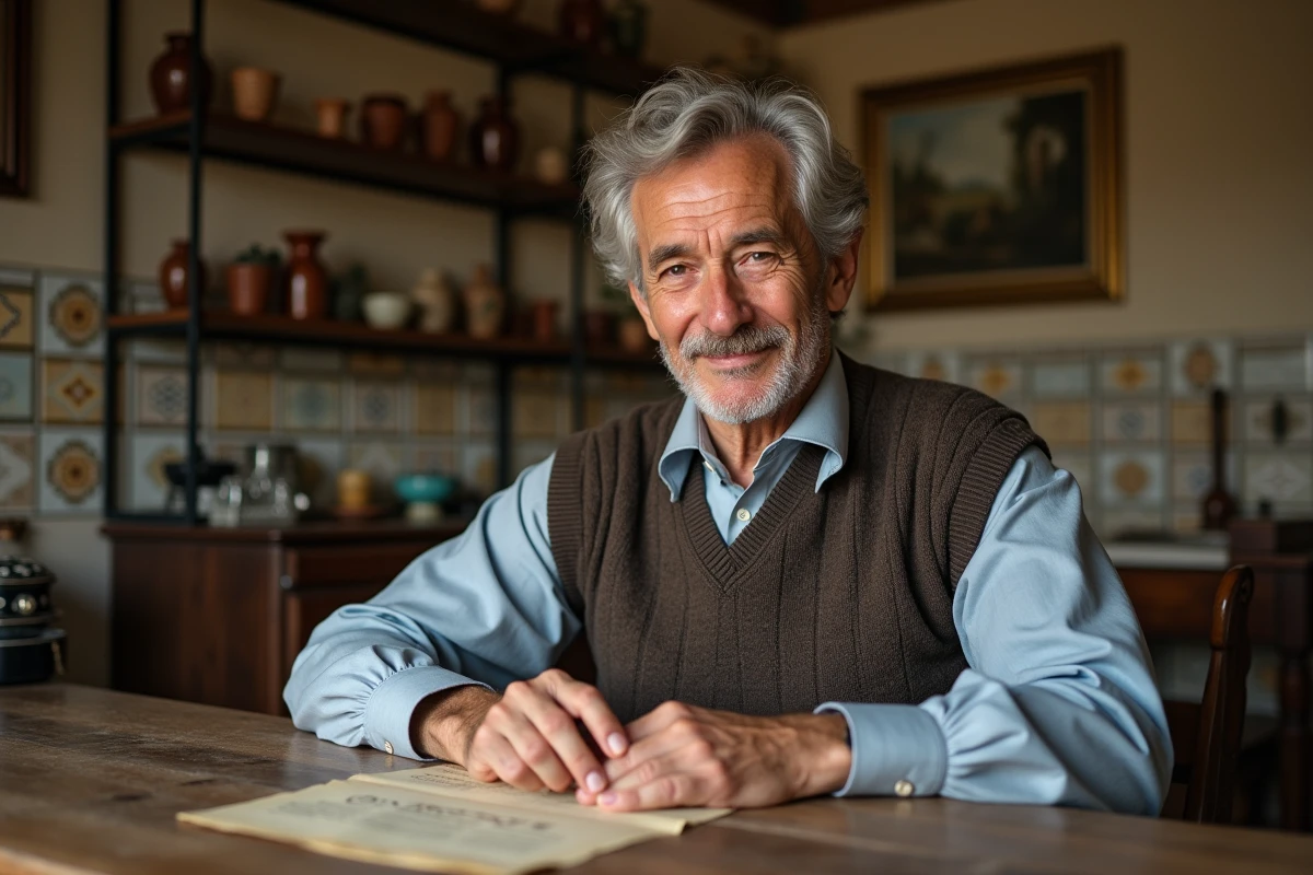 Homme italien âgé souriant assis à une table rustique