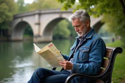 Homme lisant une carte de Mayenne sur un banc au bord de l'eau