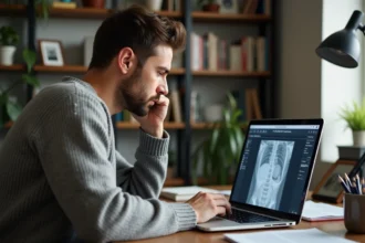 Homme concentré sur un rapport complexe sur son ordinateur