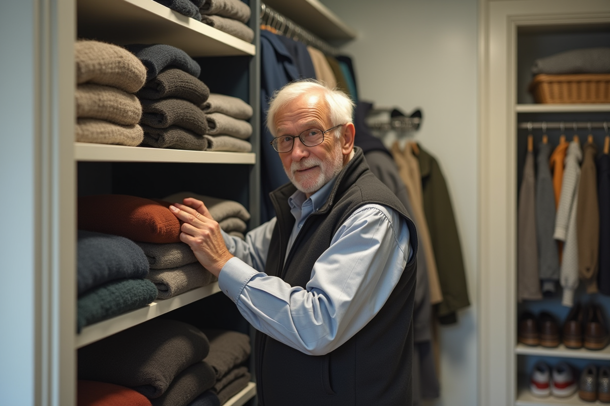 Homme rangeant des pulls dans un placard lumineux