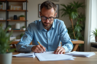 Homme organisant ses documents fiscaux dans un appartement lumineux