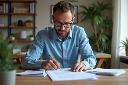 Homme organisant ses documents fiscaux dans un appartement lumineux