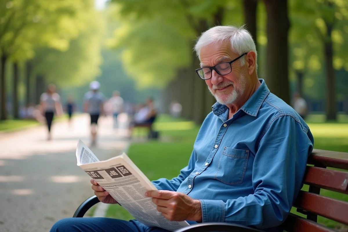 Homme d age lisant un mots croises dans un parc urbain