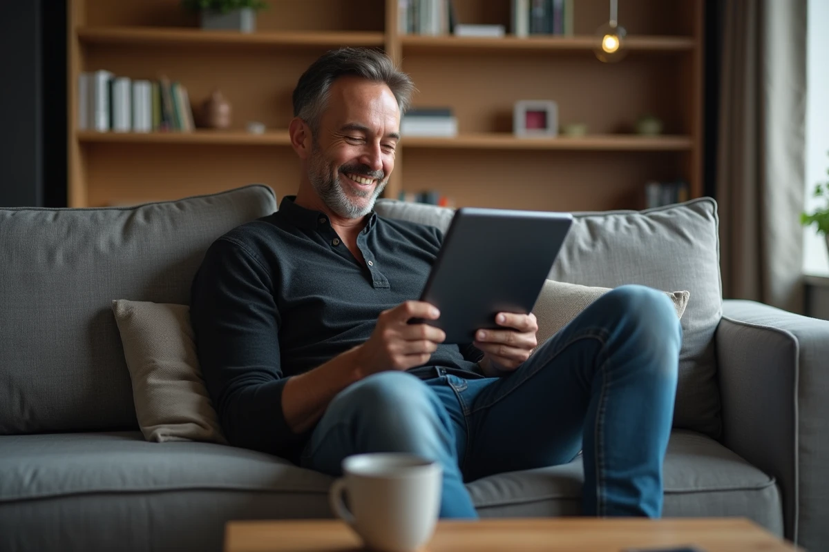 Homme souriant personnalisant un GIF anniversaire rigolo sur une tablette dans un salon confortable
