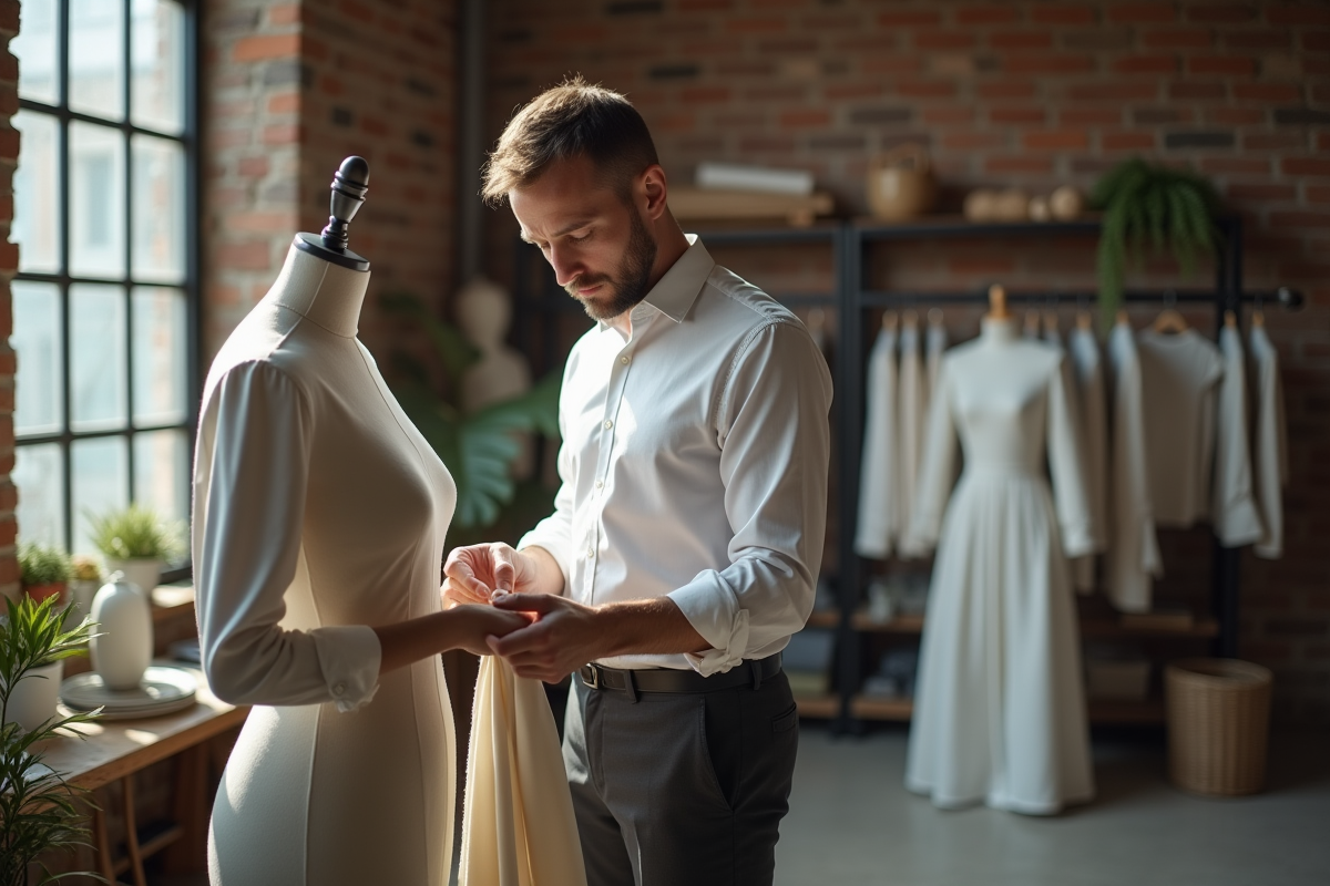 Homme pinçant du tissu sur un mannequin dans un atelier lumineux