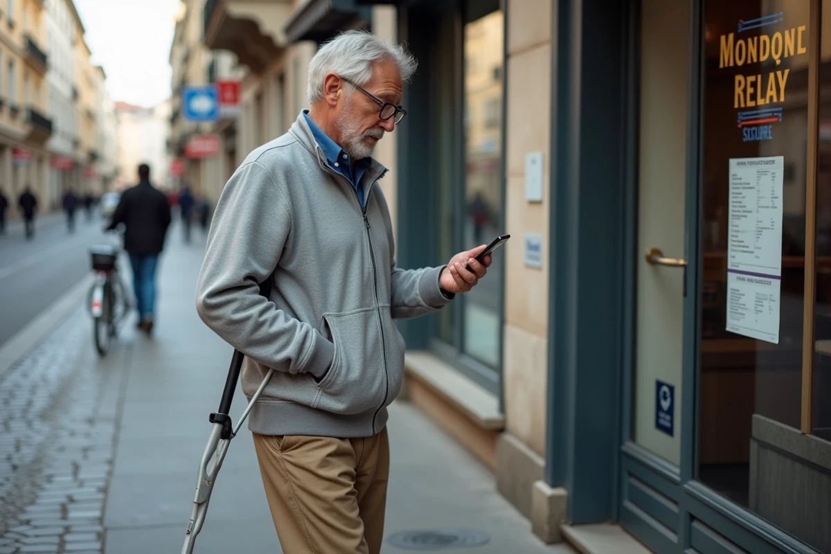 Homme avec béquille consultant son smartphone devant un point relais Mondial Relay accessible avec rampe d'accès PMR