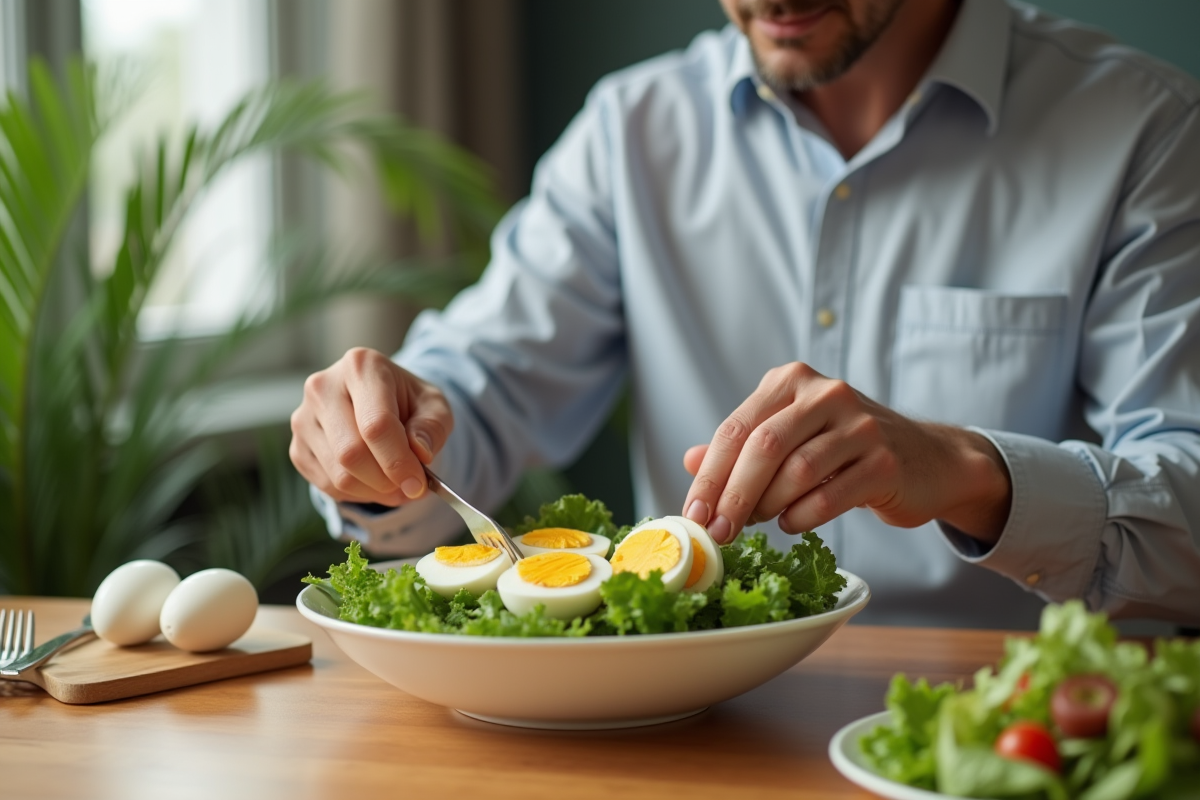 Homme préparant une salade avec œufs dans la salle à manger