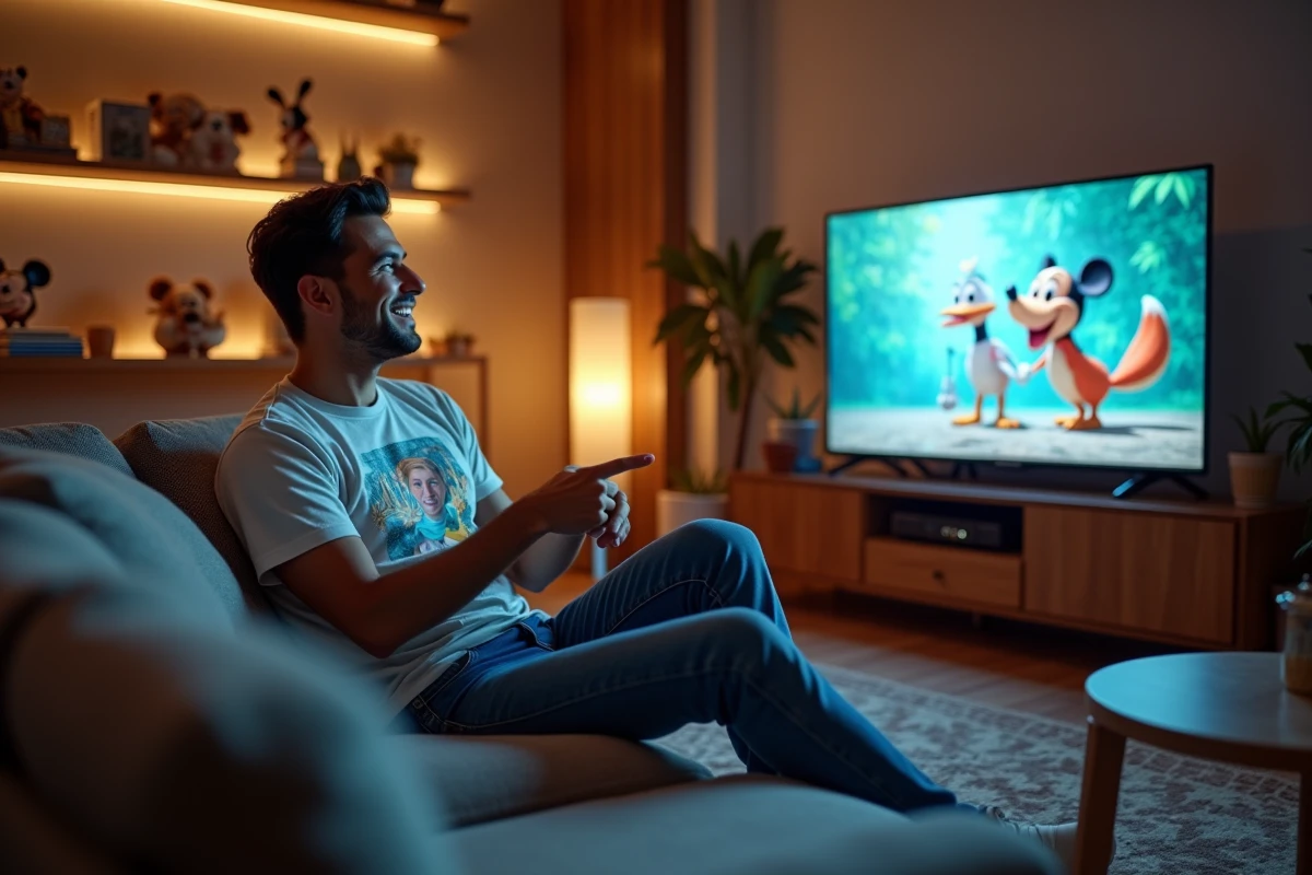 Homme jeune riant devant un film Disney classique dans un salon moderne avec figurines de collection Disney en arrière-plan
