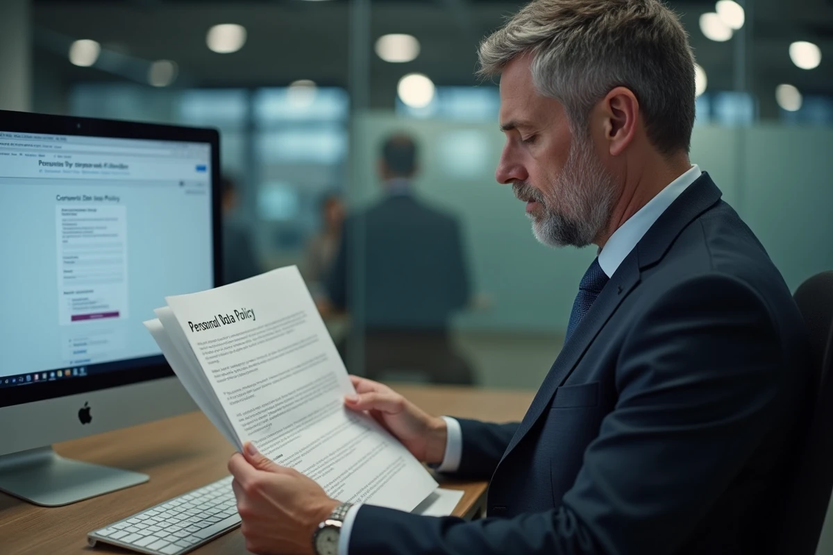 Homme d age moyen examinant un document de politique de donnee personnelle