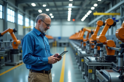 Homme d'âge moyen observant des bras robotiques en usine