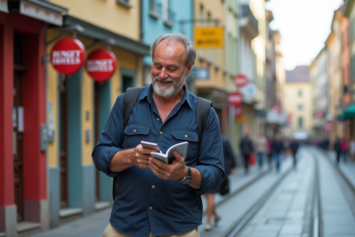 Homme vérifie son téléphone dans une rue animée de Mille