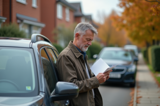 Homme d'âge moyen examine des papiers près de son SUV dans une rue résidentielle