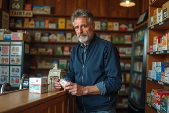 Un homme français examine une cartouche de cigarettes au comptoir d'un bureau de tabac parisien