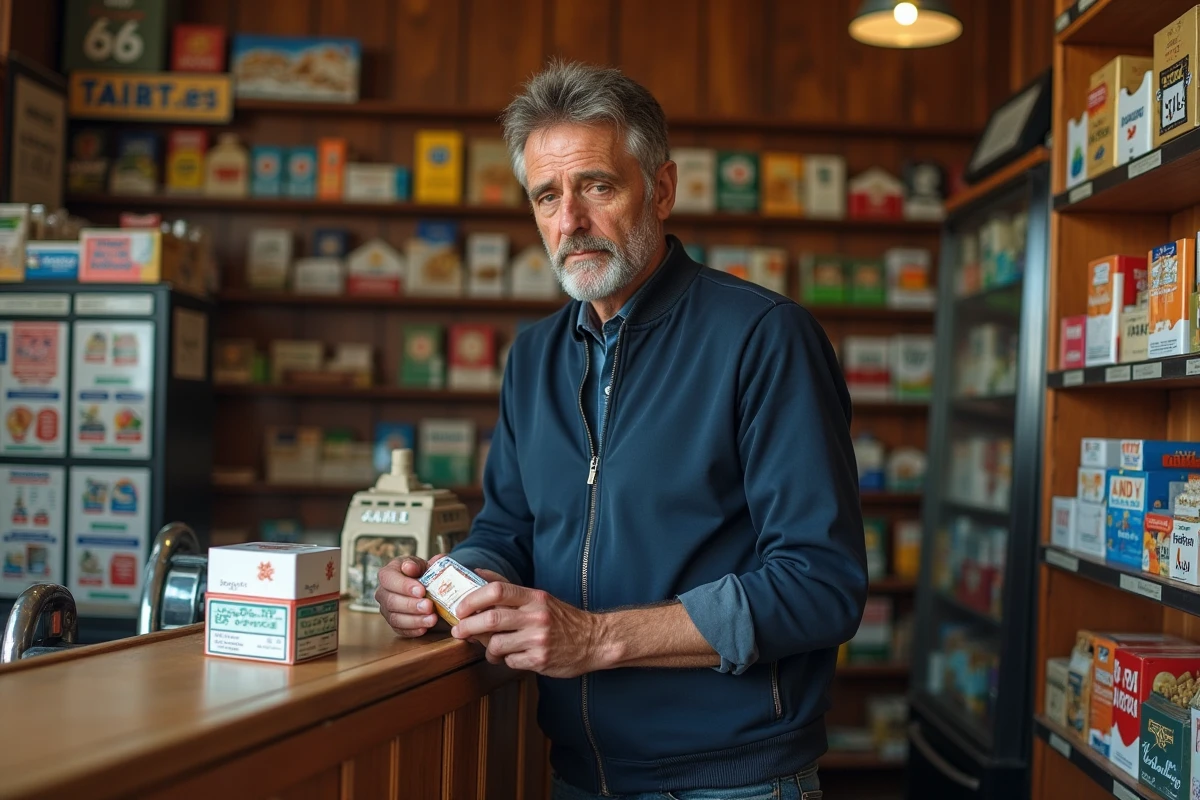 Un homme français examine une cartouche de cigarettes au comptoir d'un bureau de tabac parisien