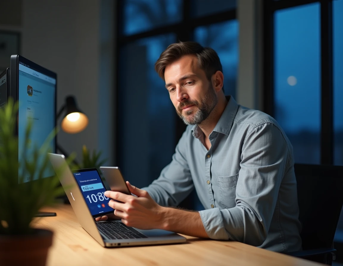 Homme en télétravail utilisant une application de conversion de fuseau horaire sur smartphone pour connaître 22h heure française en 2026